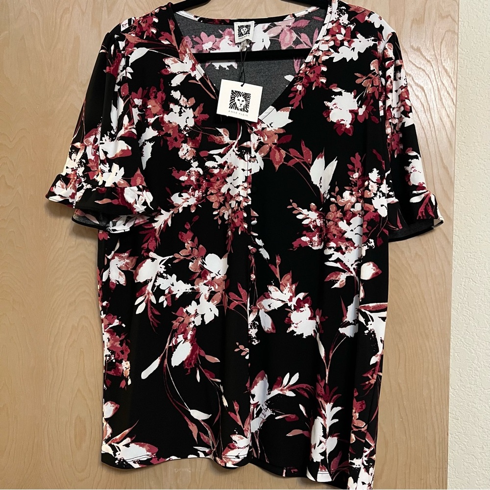 Anne Klein Black and Pink Floral Blouse